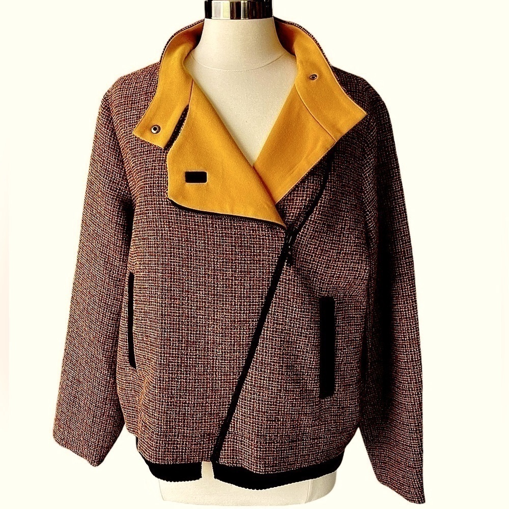 Cue Tweed Bomber Jacket Moto Style Offset Zip Close Pockets New with Tags Sz 14